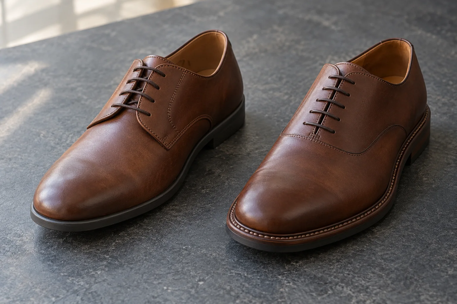 Illustrative leather lace-up shoes with different lacing construction and sole edges