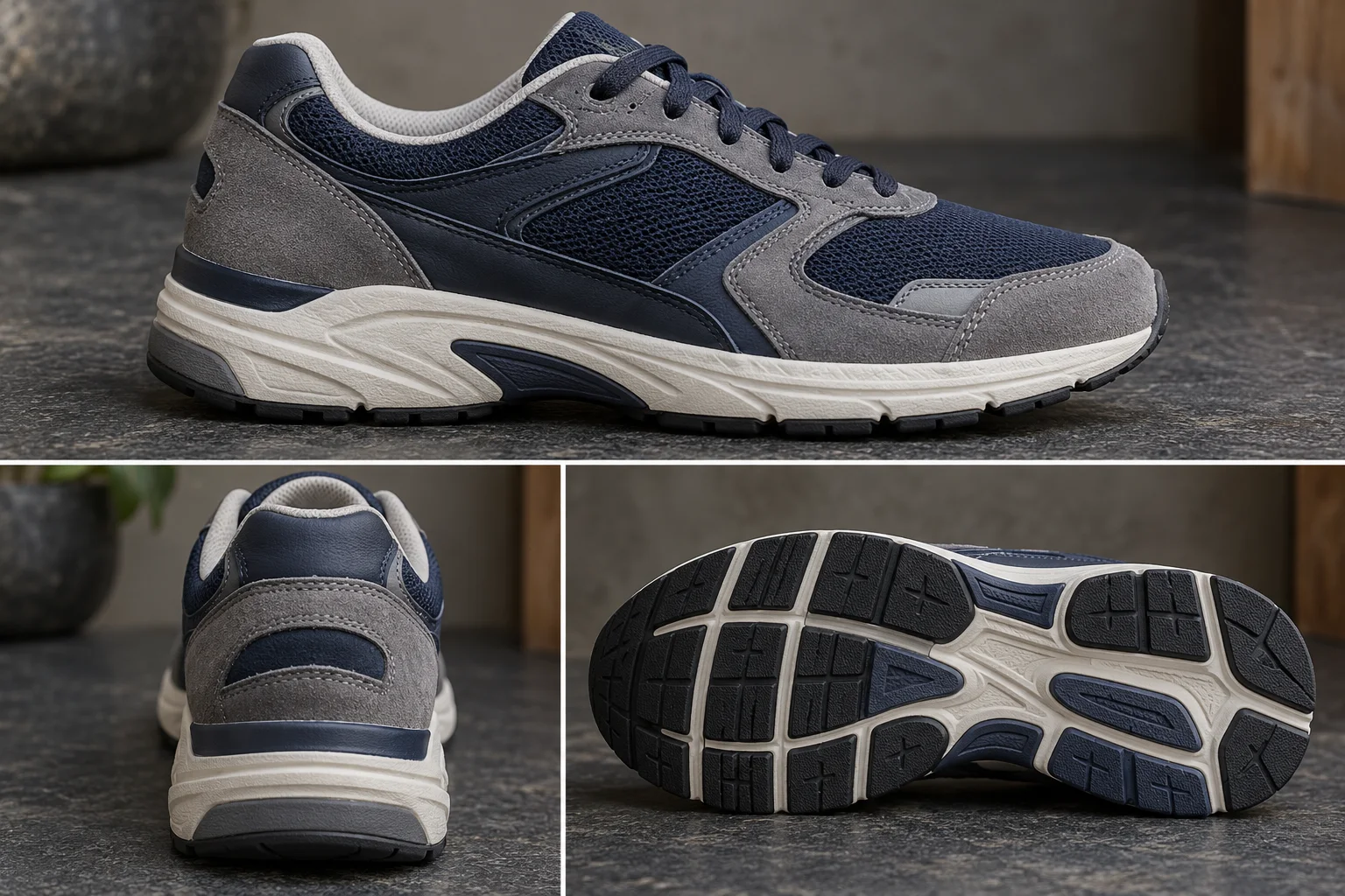 Illustrative sneaker panel seams, rear construction, and segmented outsole