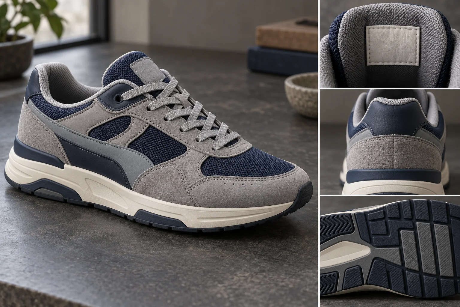 Illustrative sneaker overview with tongue-label, heel, and outsole detail views